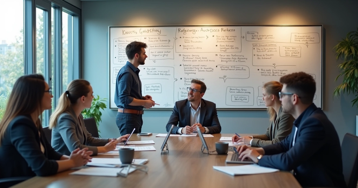 Equipe de pequena empresa em sala de reunião reestruturando processos com quadros e checklists 