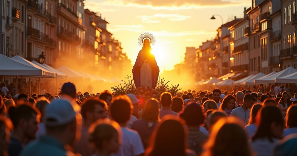Multidão em procissão levando imagem de Nossa Senhora de Nazaré 