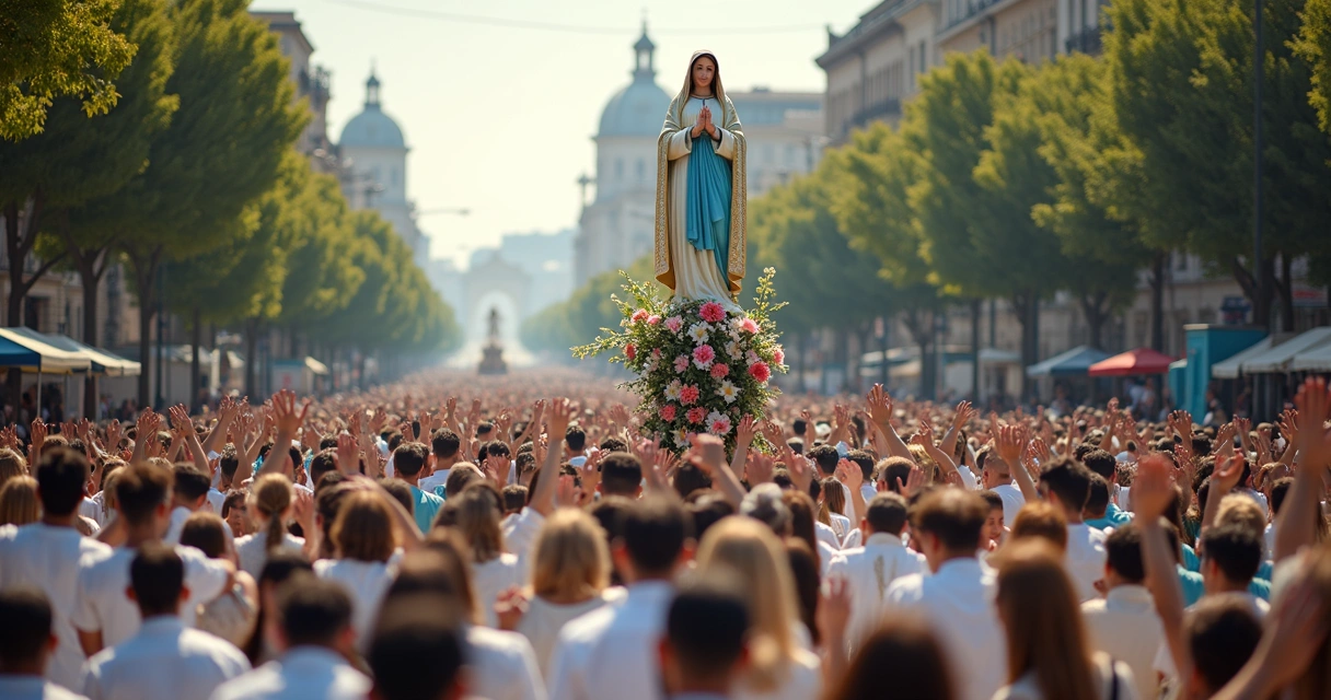 Procissão religiosa com multidão carregando imagem de Maria nas ruas 