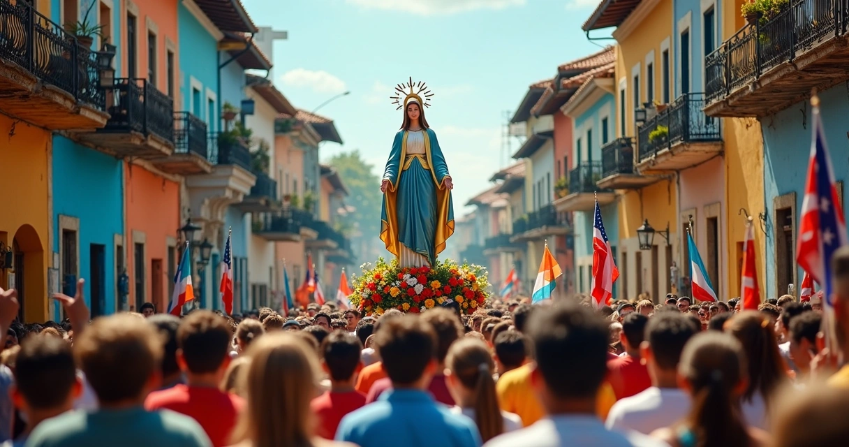 Procissão mariana em cidade brasileira, multidão e imagem de Maria no centro 