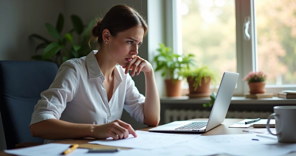 Pessoa pensativa olhando para uma lista de tarefas em ambiente de trabalho 