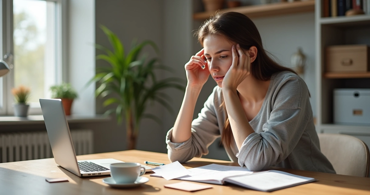 Mulher sentada à mesa de trabalho com expressão pensativa diante de tarefas acumuladas 