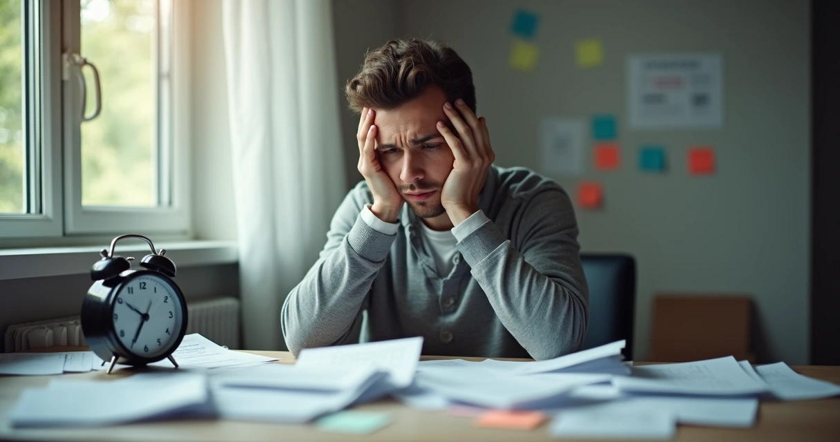 Pessoa sentada à escrivaninha olhando para o vazio, com papéis e relógio ao redor 