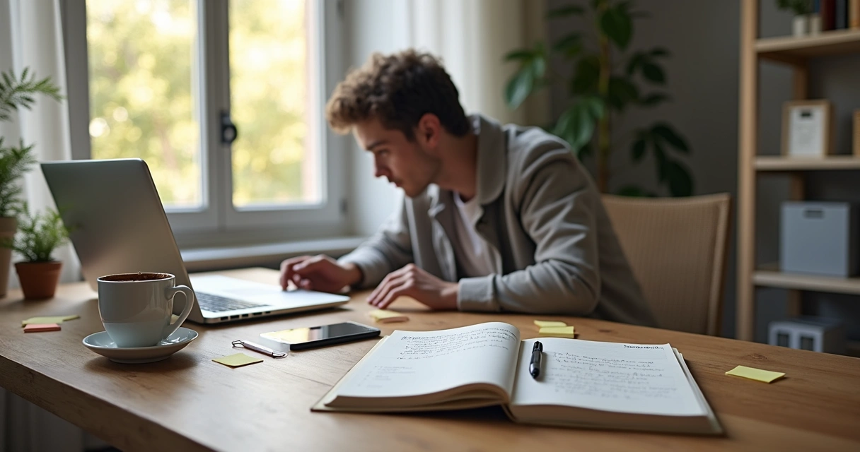 Pessoa refletindo entre distração e autodesenvolvimento em um ambiente de trabalho organizado 