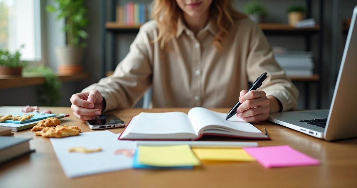 Pessoa em escrivaninha dividida entre distrações e foco em tarefas de autodesenvolvimento 