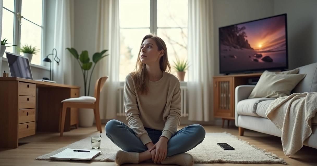 Pessoa sentada entre mesa organizada e sofá com celular representando escolha consciente 