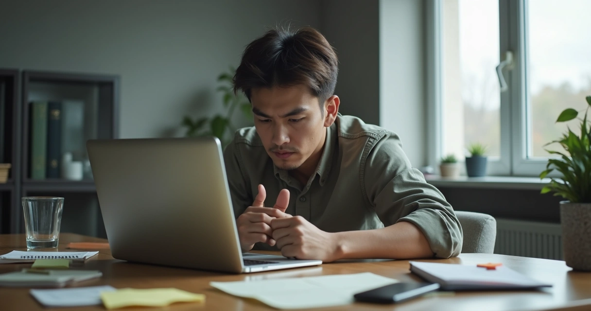 Pessoa olhando para notebook com expressão tensa e tarefas acumuladas