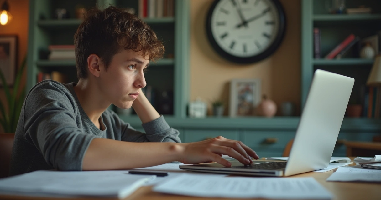 Pessoa olhando para o relógio em frente ao computador, com expressão de preocupação.