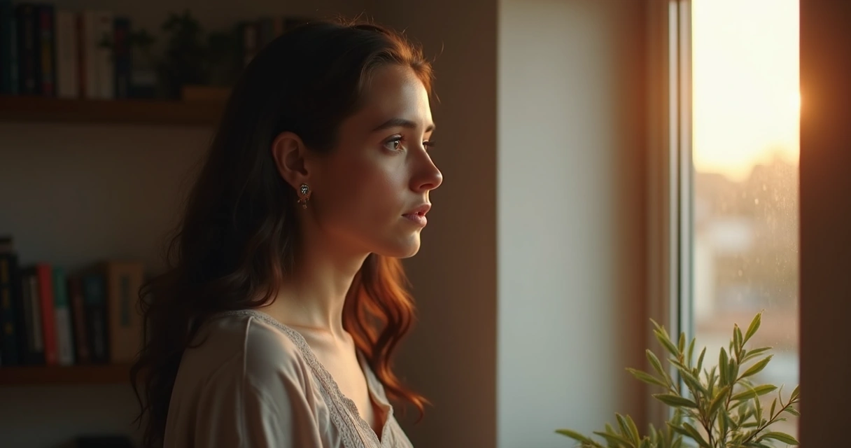 Pessoa olhando para uma janela com expressão pensativa 
