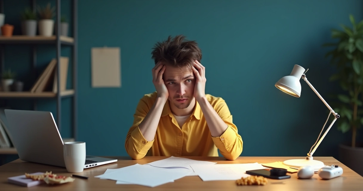 Pessoa sentada à mesa entre trabalho e distrações