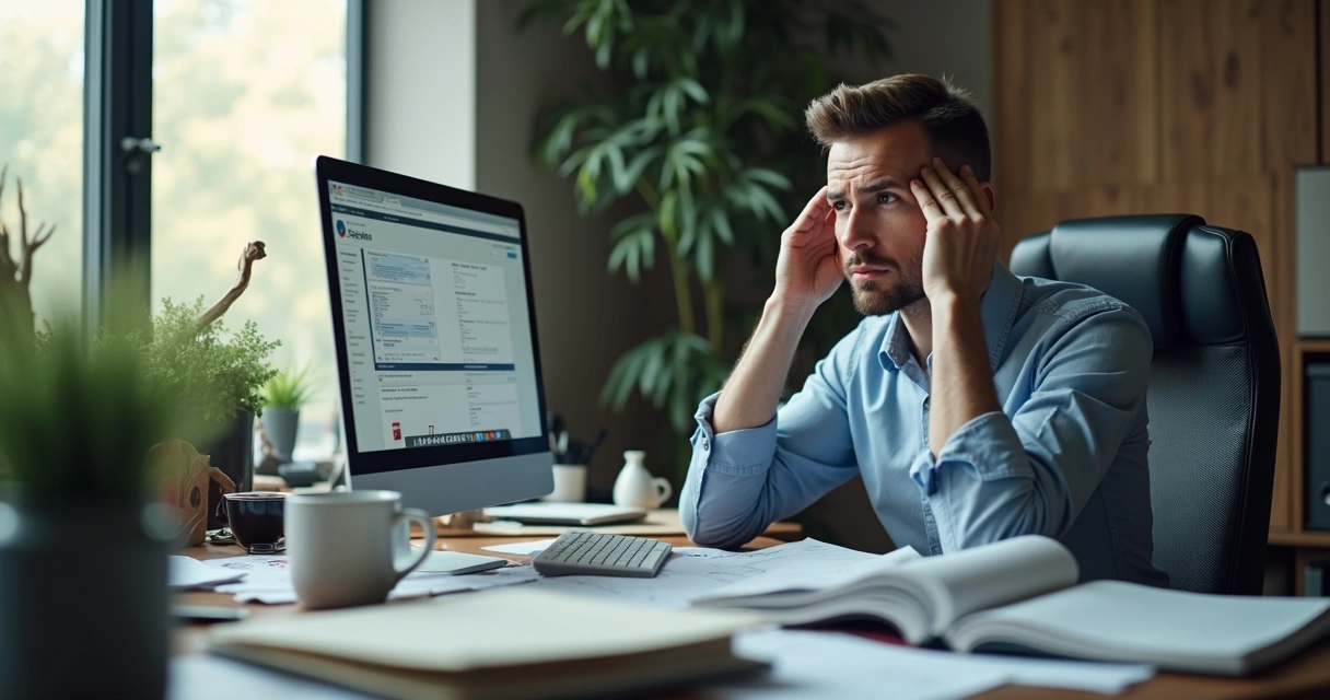 Pessoa olhando para o relógio em uma mesa de escritório com tarefas acumuladas