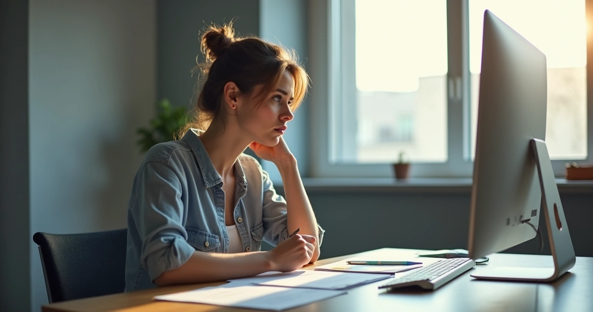 Mulher pensativa sentada à mesa de escritório com papel e caneta, ambiente de trabalho moderno