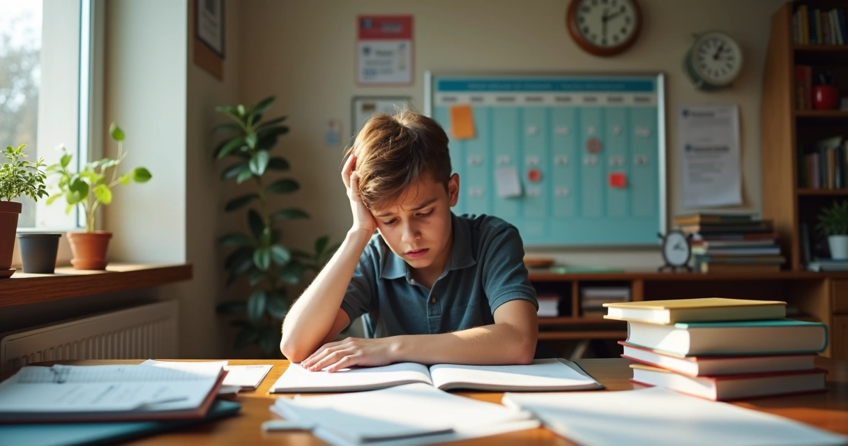 Estudante pensativo olhando para a mesa de estudos bagunçada.
