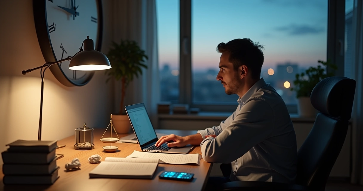 Pessoa pensativa diante de relógio gigante e lista de tarefas inacabadas 