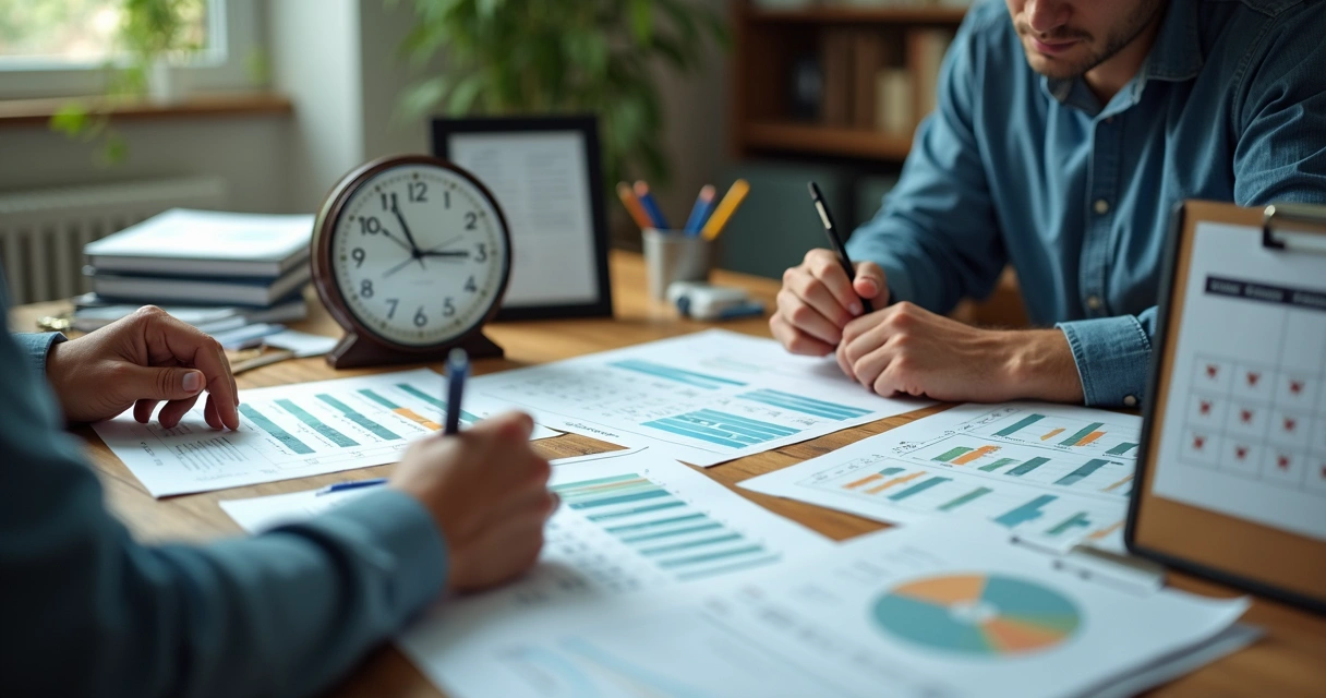 Pessoa olhando para o relógio ao lado de folhas e planilhas de investimento