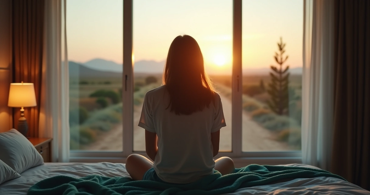 Pessoa sentada em frente a caminho bifurcado entre zona de conforto e mudança 