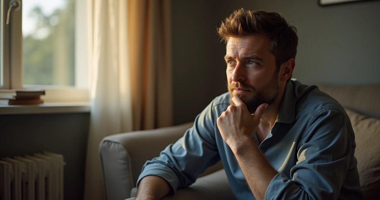 Homem sentado sozinho pensando profundamente 