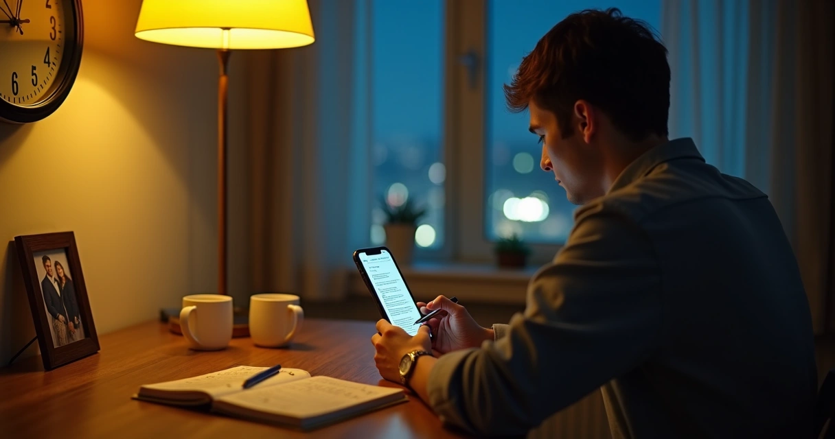 Pessoa olhando mensagem não enviada no celular com relógio grande ao fundo 