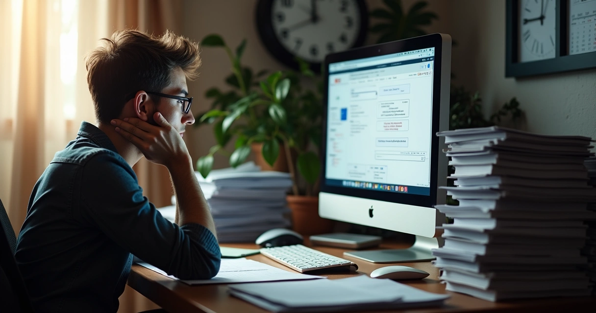 Pessoa sentada à mesa de trabalho rodeada de papéis e distrações 