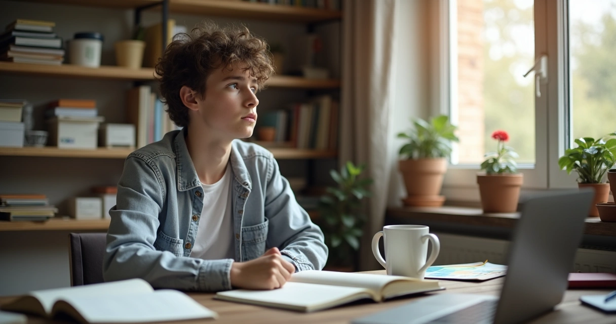 Jovem sentado à mesa de trabalho em casa olhando distraído para fora da janela