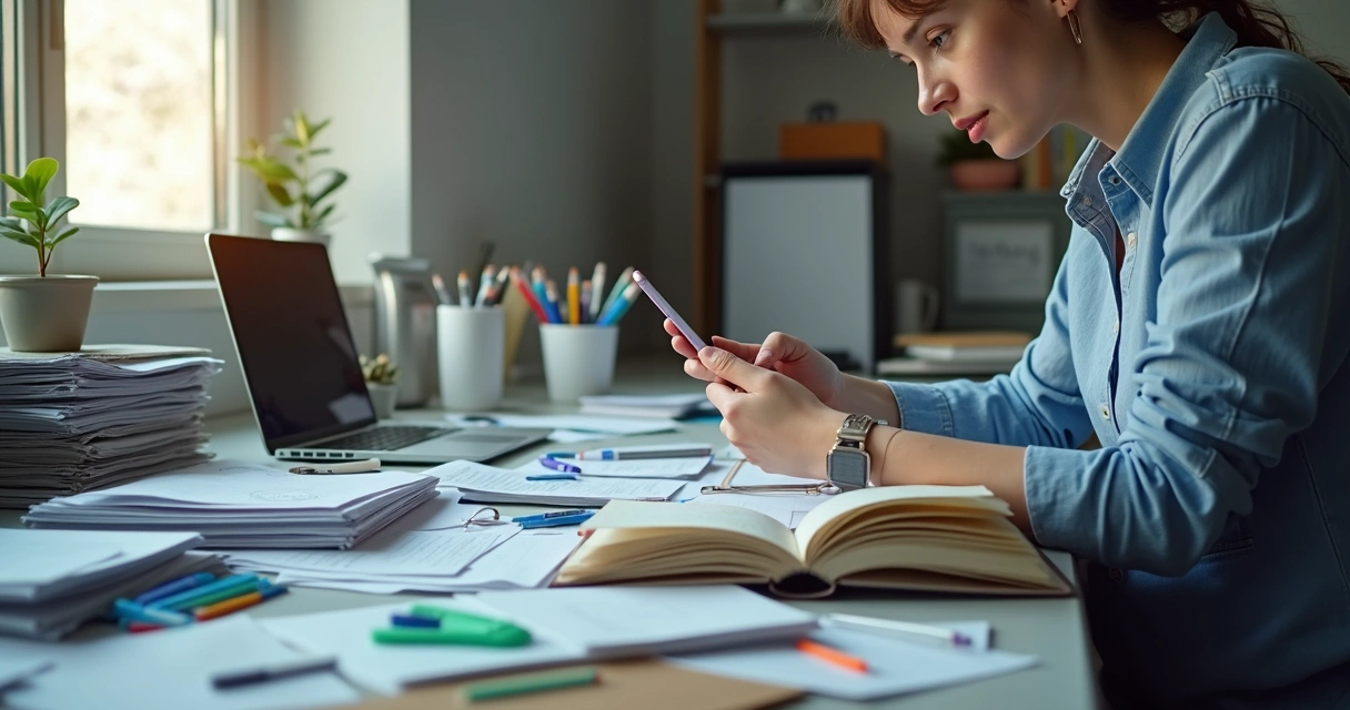 Vista de un escritorio desordenado con papeles apilados y una persona distraída mirando su móvil 