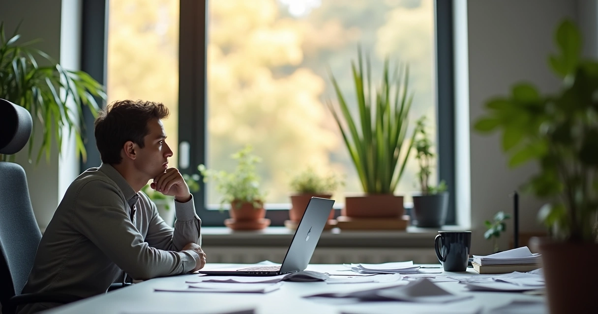 Persona con papeles y portátil distraída mientras mira por la ventana 