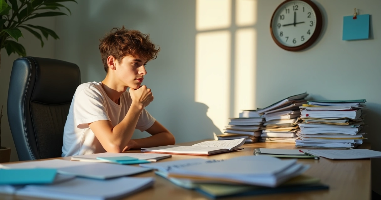 Person surrounded by papers at desk, clock in background showing time passing 