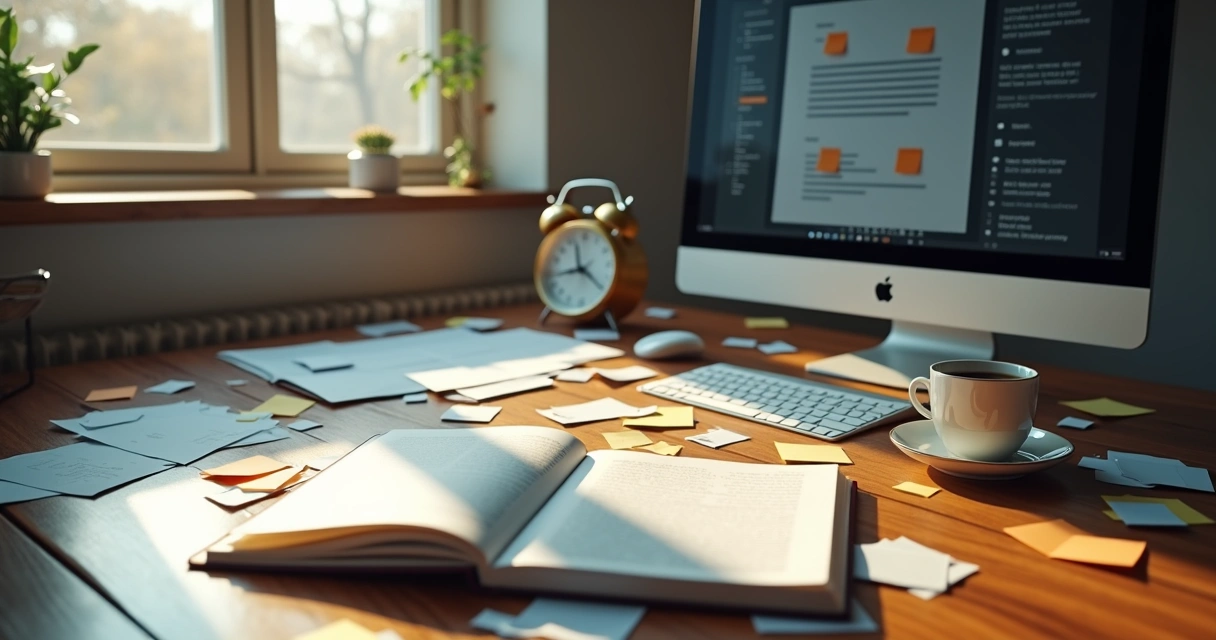 A desk with overflowing papers, a planner, and a clock, symbolizing procrastination 