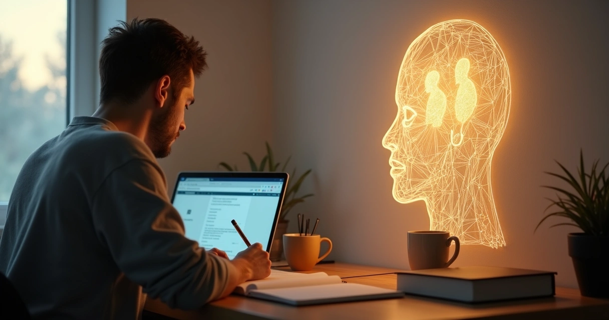 Person at desk reflecting on procrastination with journal and abstract mind graphics 