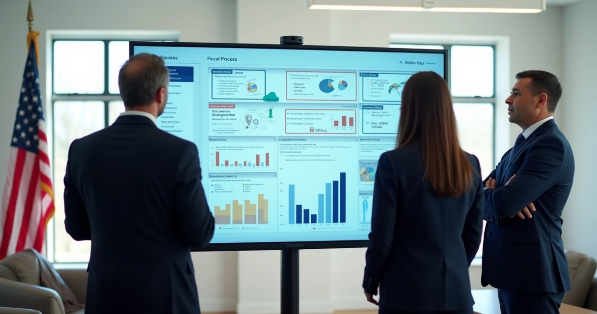 Procuradores reunidos discutindo painel digital 