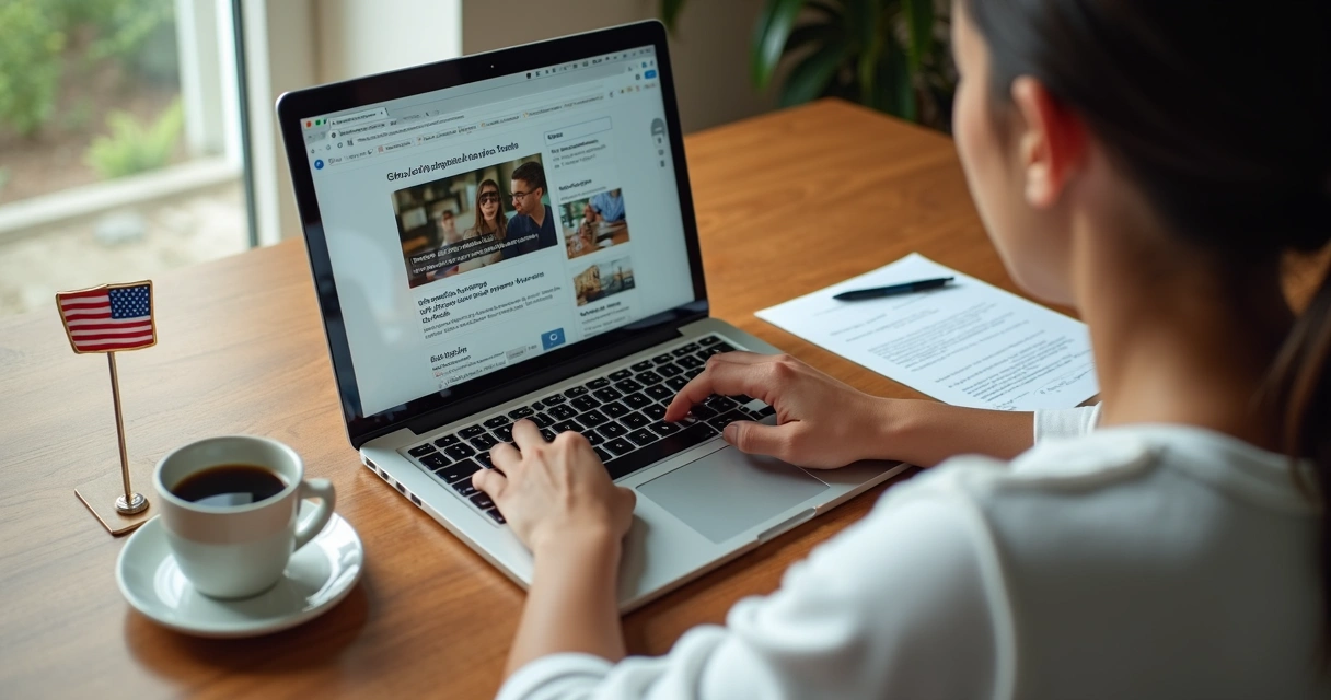 Pessoa sentada na frente do laptop procurando trabalho nos EUA 