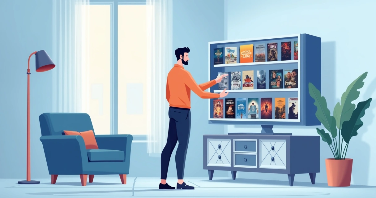 Pessoa olhando prateleira virtual de filmes clássicos no computador 