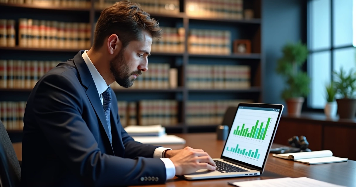 Advogado utilizando notebook para buscar jurisprudência do TRF3, com gráficos de análise jurídica na tela 