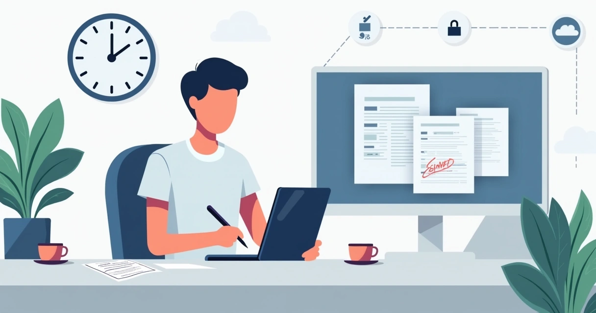 Procurement manager e-signs supplier contract on a tablet at an office, digital documents visible on screen, flat style 
