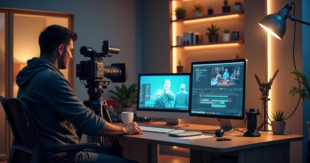 Profissional operando câmera de vídeo em estúdio com equipamentos audiovisuais modernos e computador para edição ao lado, ambiente iluminado e organizado 