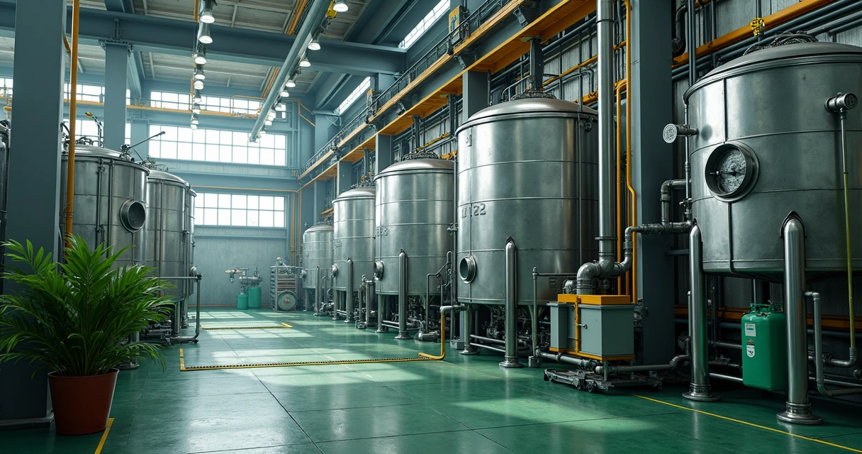 Produção industrial de biodiesel com tanques e equipamentos modernos