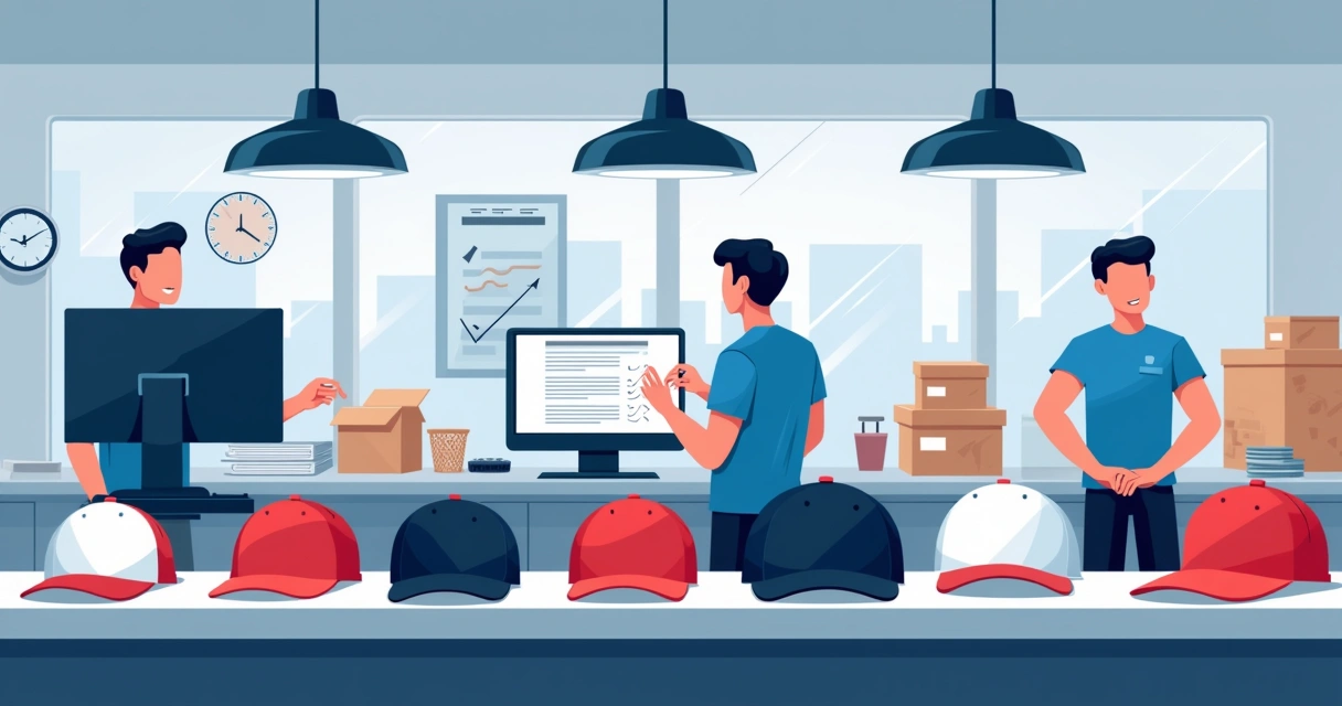 Equipe revisando bonés personalizados em linha de produção 