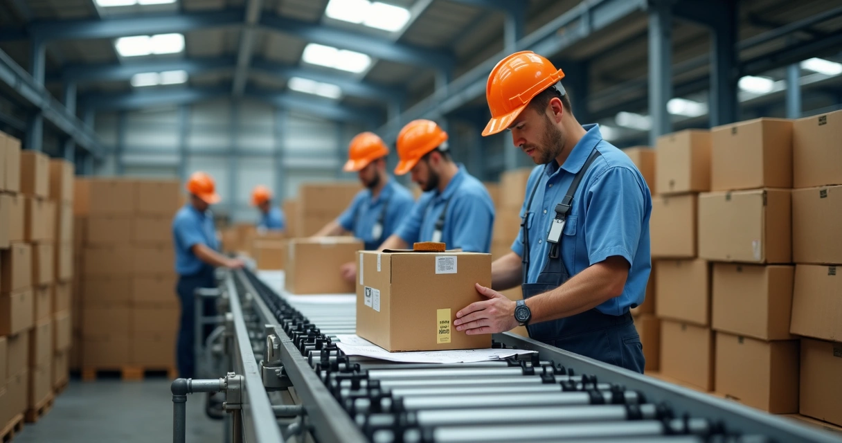 Linha de produção de caixas de papelão com supervisores analisando caixas personalizadas 