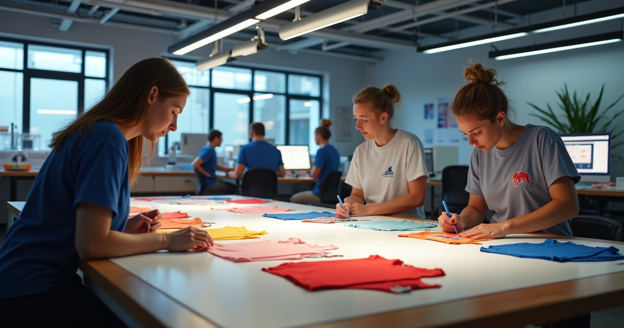 Equipe finalizando produção de camisetas personalizadas em bancada 