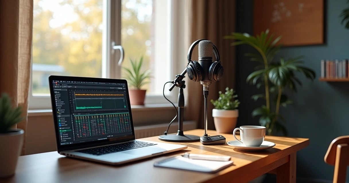 Home recording environment, computer with microphone and headphones