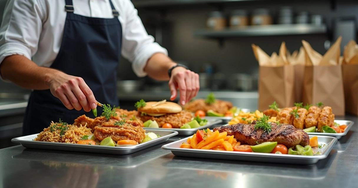 Funcionário montando combos diferentes em bandejas de delivery 