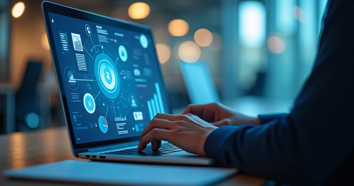 Criação de conteúdos digitais com notebook e gráficos 