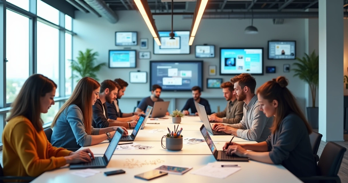 Equipe de conteúdo de duas agências criando juntos um material digital 
