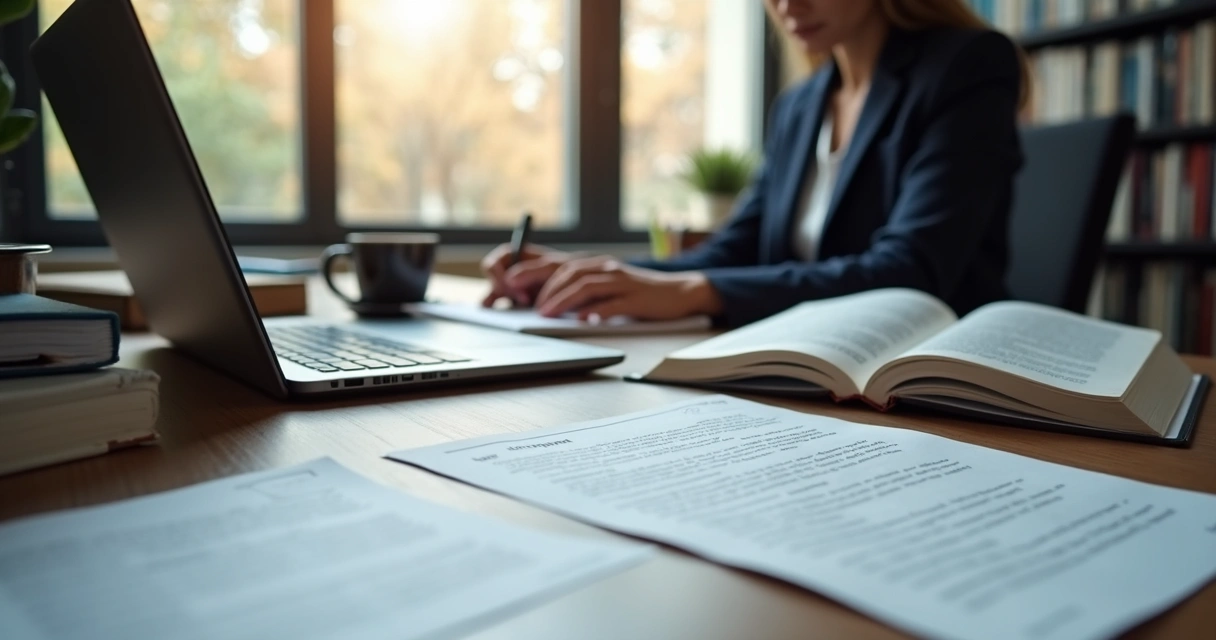 Advogado redigindo artigo em notebook ao lado de livros de direito