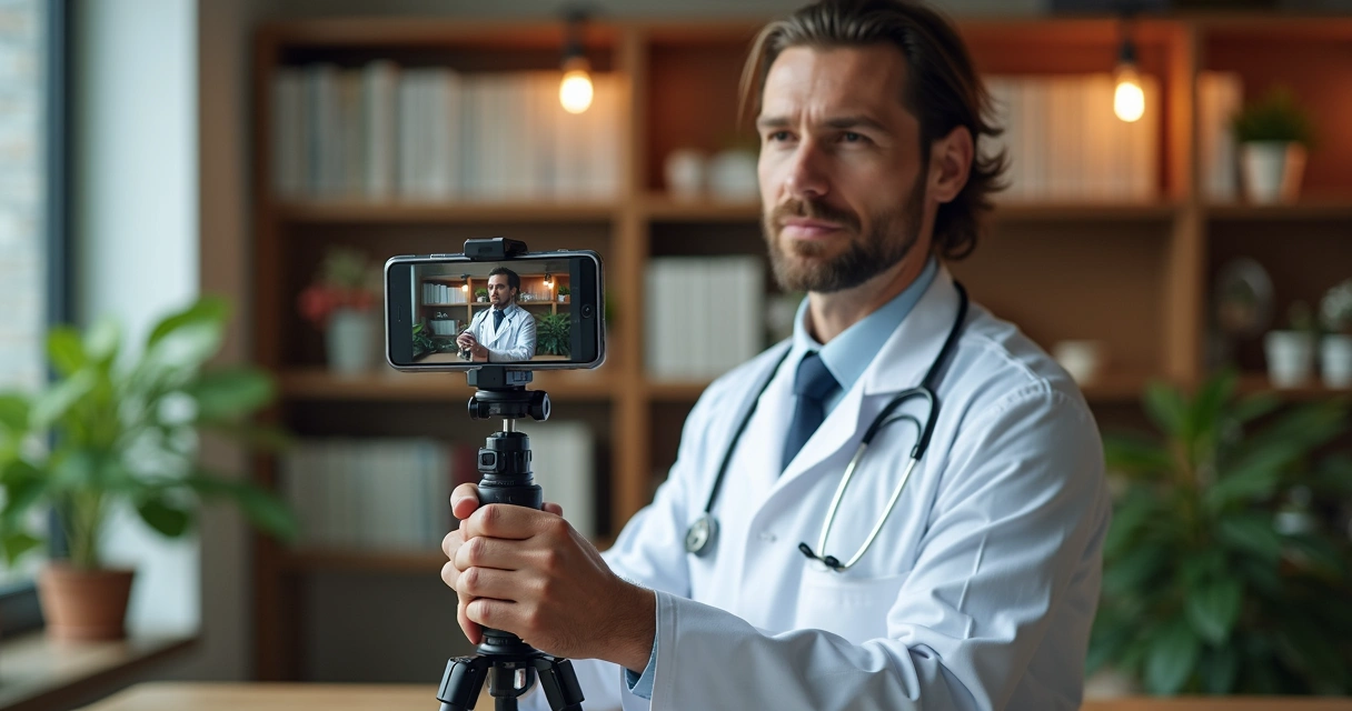 Médico gravando vídeo educativo com smartphone em consultório 