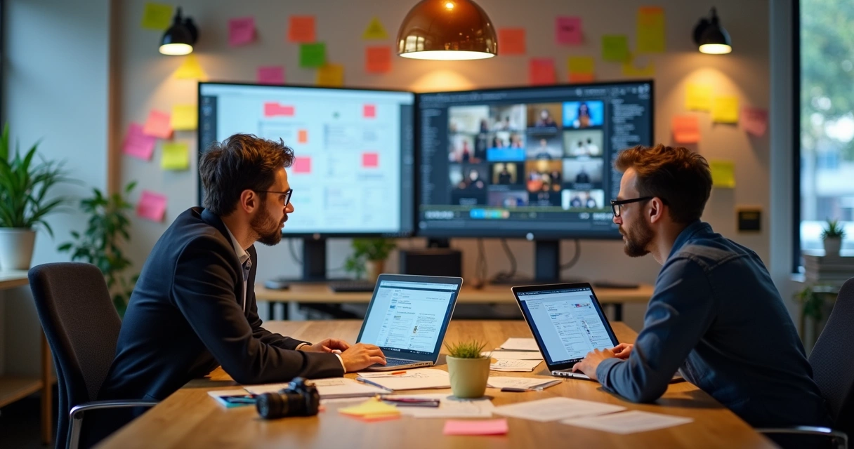 Pequena equipe criando conteúdo digital juntos 