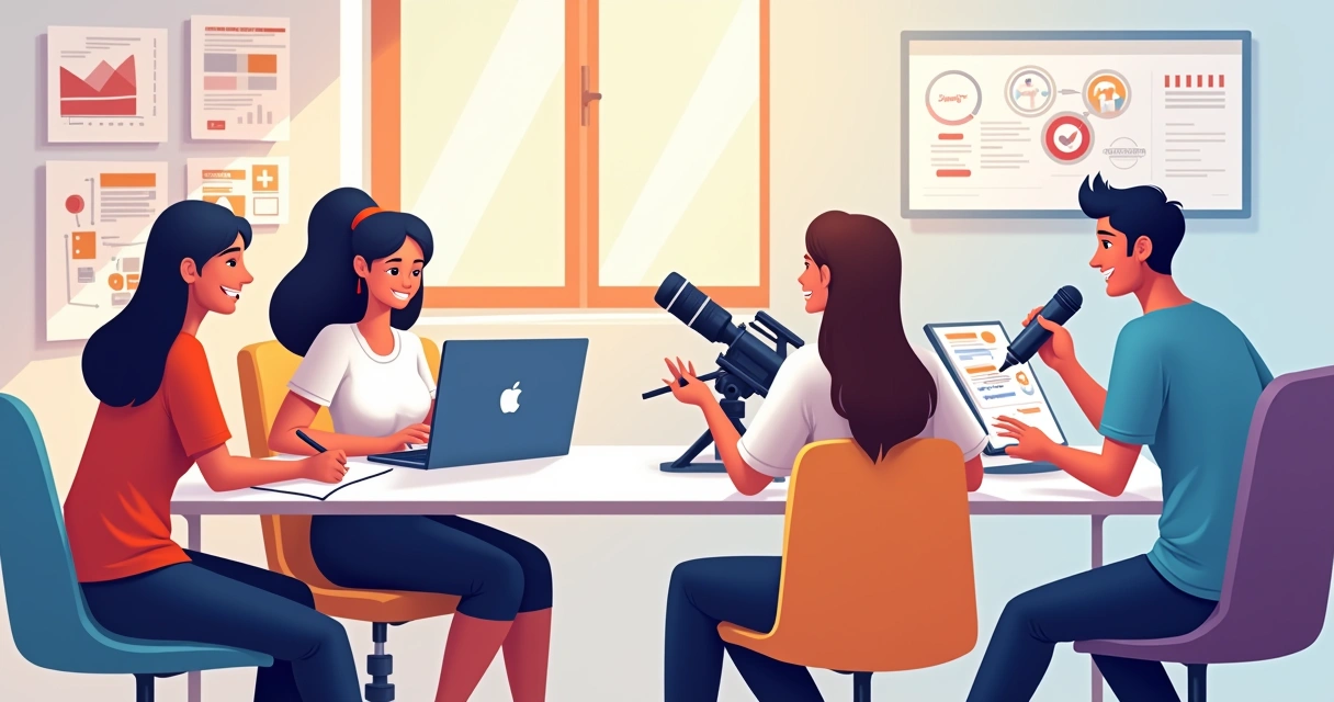 Equipe criando diferentes tipos de conteúdo digital 