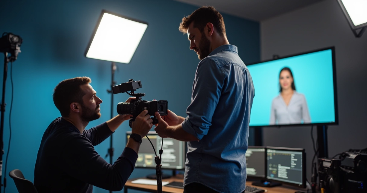 Produtor de vídeo ajustando câmera em sala de gravação para treinamento corporativo 