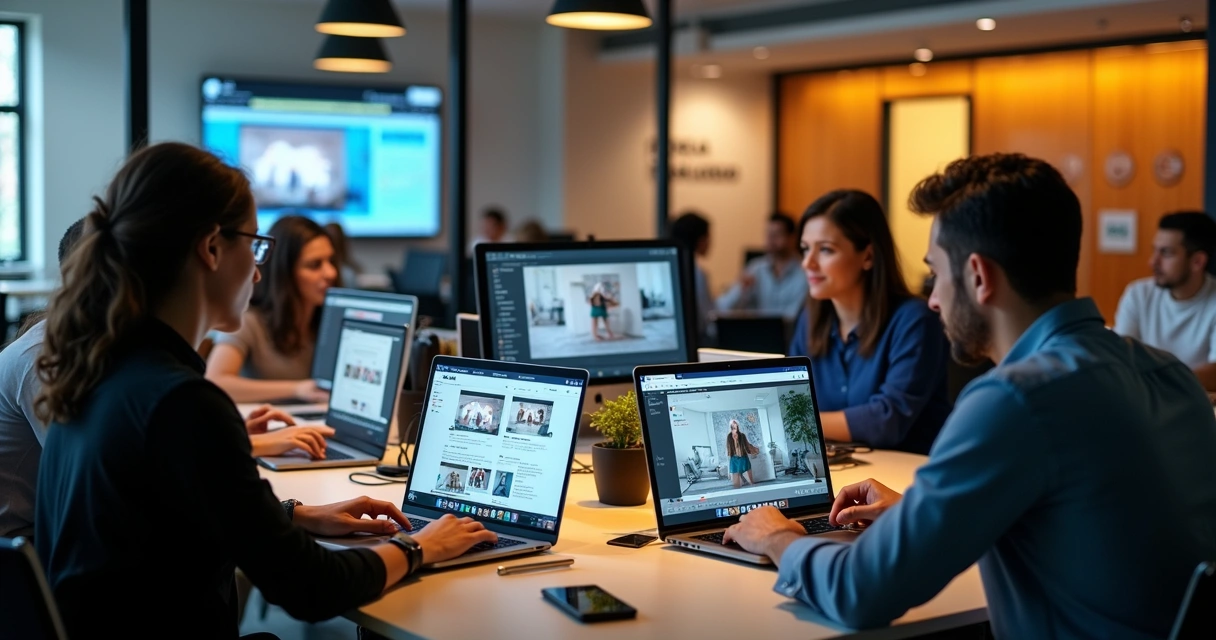 Equipe de social media reunida em um escritório moderno, trabalhando em notebooks ajustando cortes de vídeos 