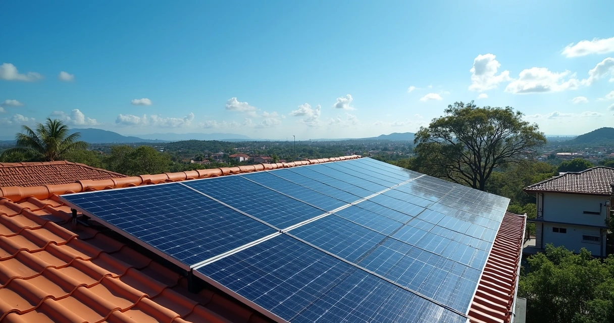 Painéis solares instalados no telhado de uma casa com céu azul atrás